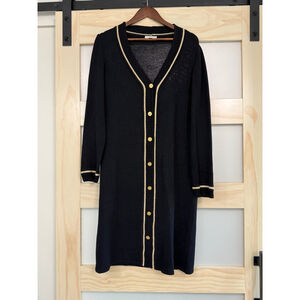 VTG St. John Sport Black Wool Blend Cardigan Dress Gold Trim Medium